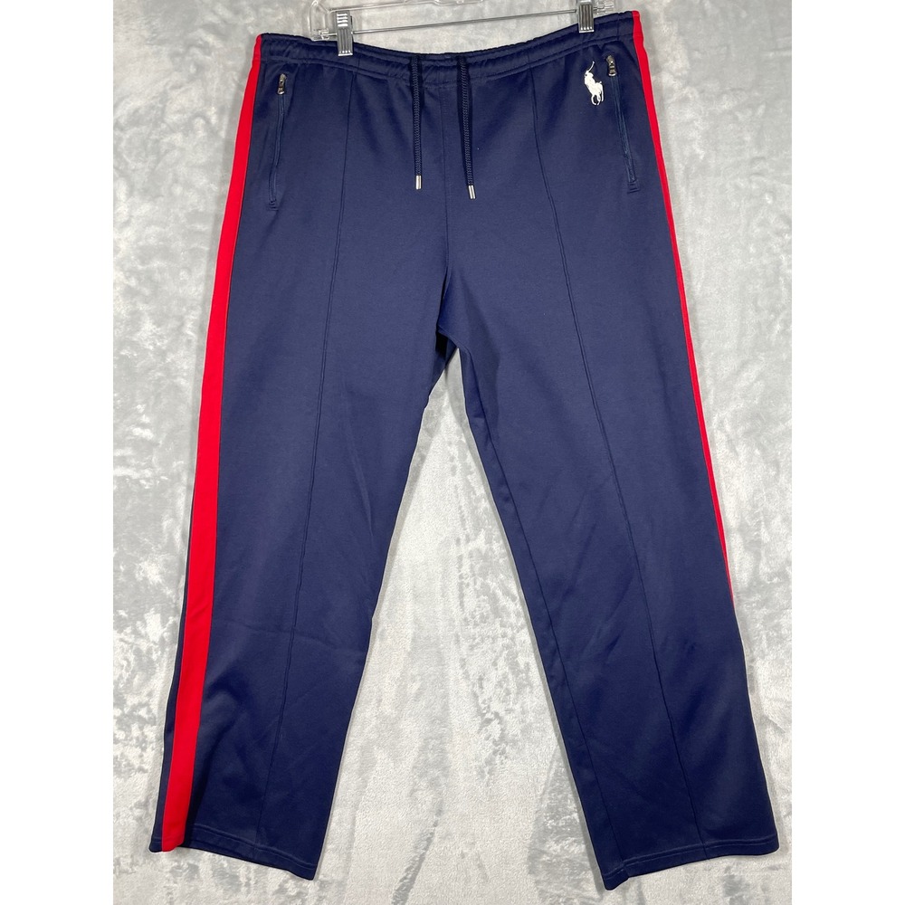RLX Ralph Lauren Mens XL Navy Blue Red Side Stripe Track Pants Joggers Pony Logo